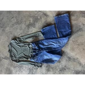 Women's Olive Green Turtleneck Top and Blue Denim Jeans